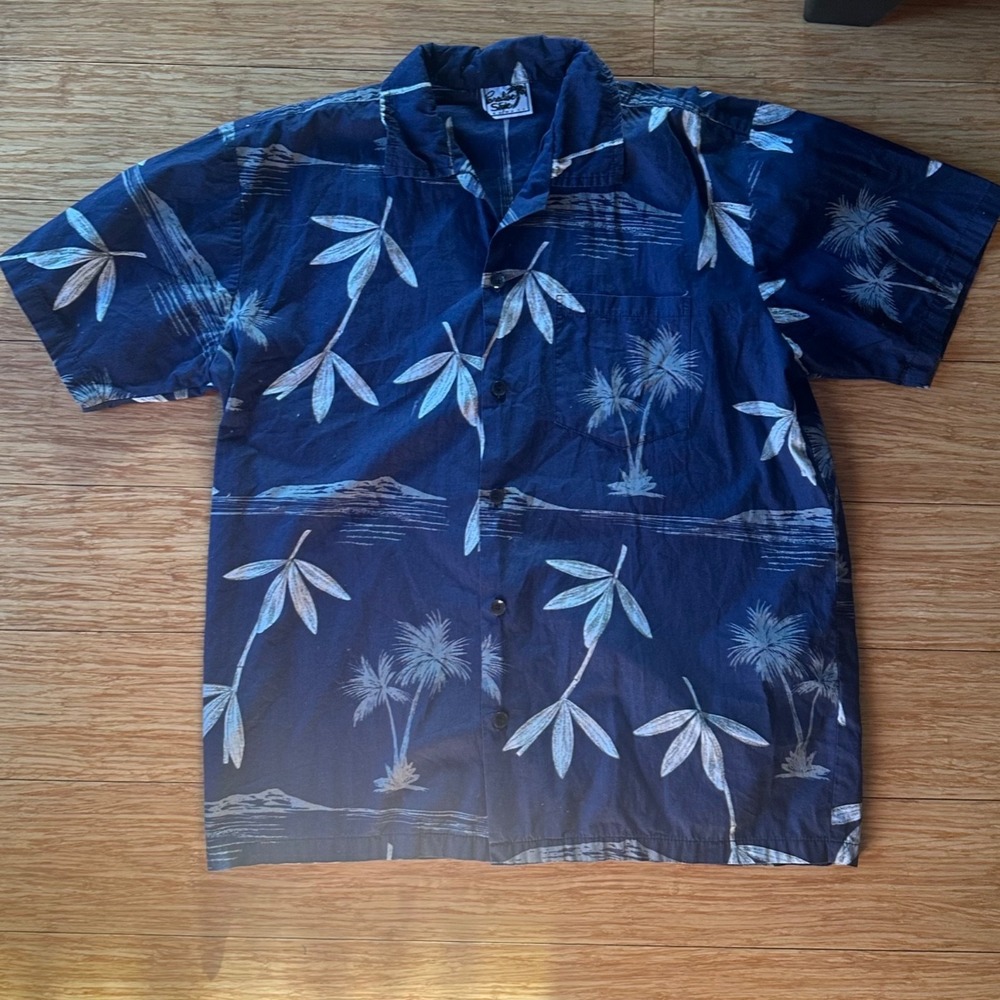 Vintage Hawaiian Shirt Blue Island Volcano Tropical Ocean Surfer Print Size XL